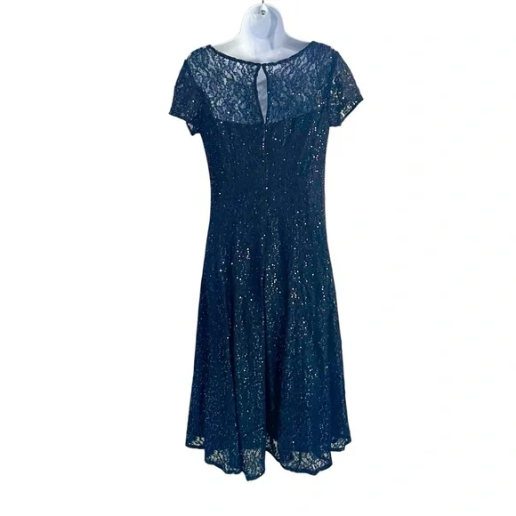 SLNY Navy Blue Sequin Lace Short Sleeve Midi Cocktail Evening Dress Size 4 NWOT - Picture 4 of 7